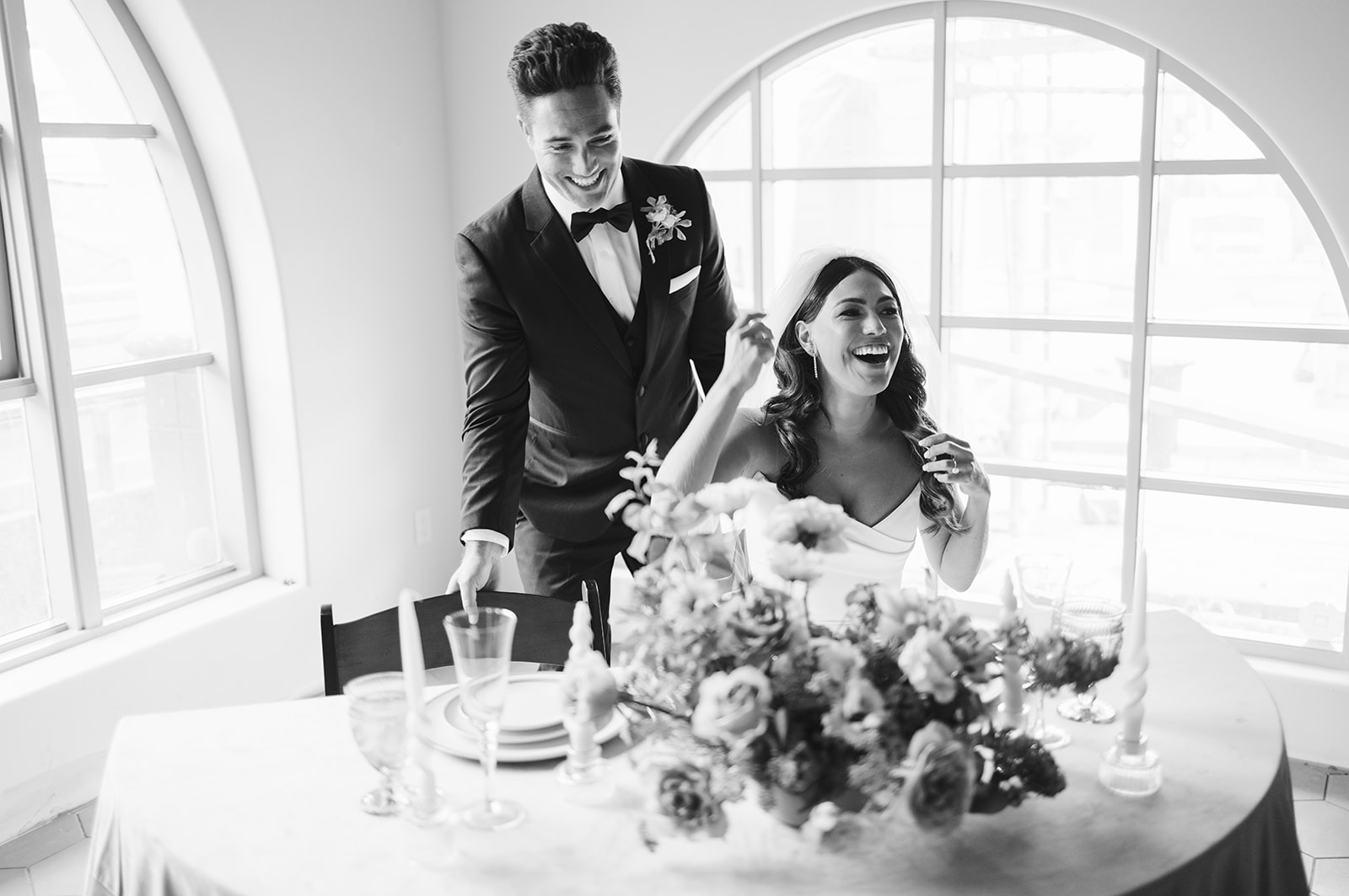 bride and groom smiling during the reception at San Clemente Wedding Venue