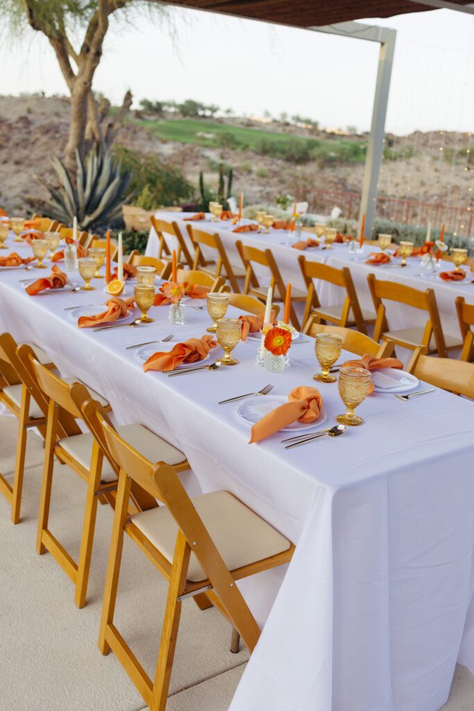 brightly colored Palm Springs wedding reception tables