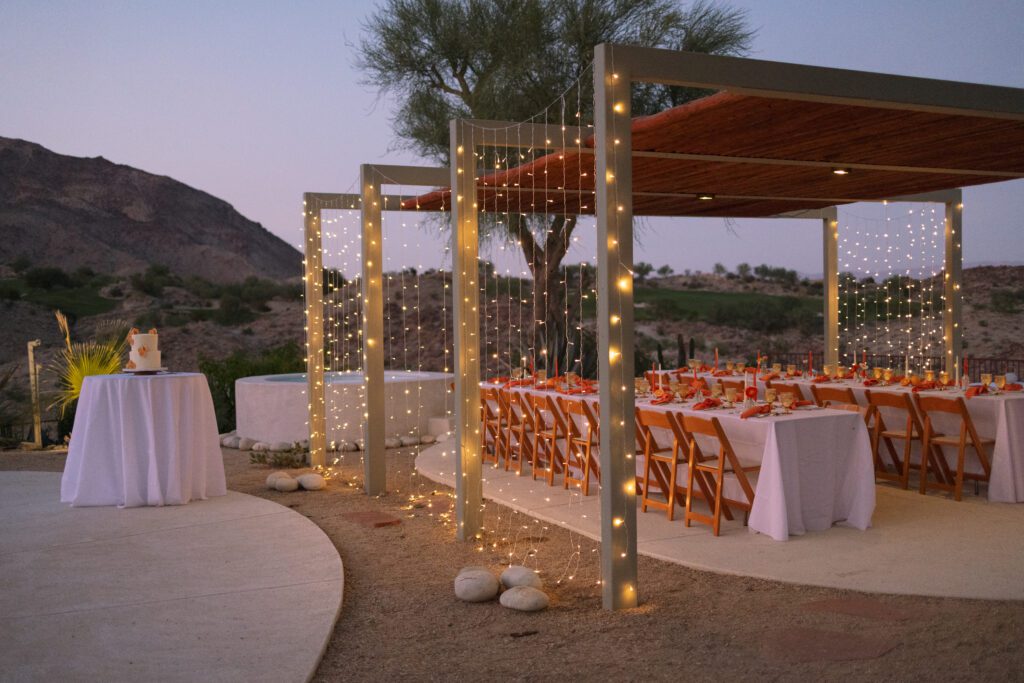 Palm Springs wedding reception tables and lighting 