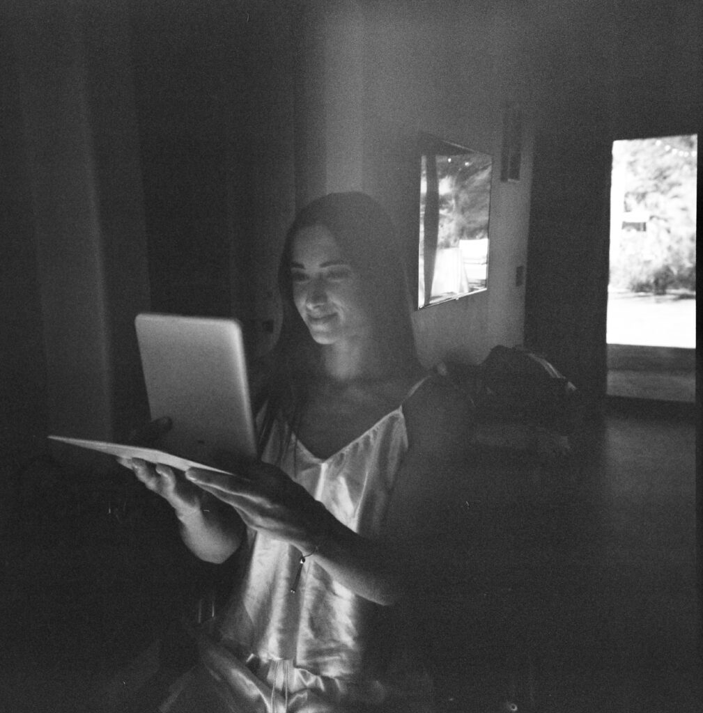 film photo of bride getting ready for Palm Springs wedding 