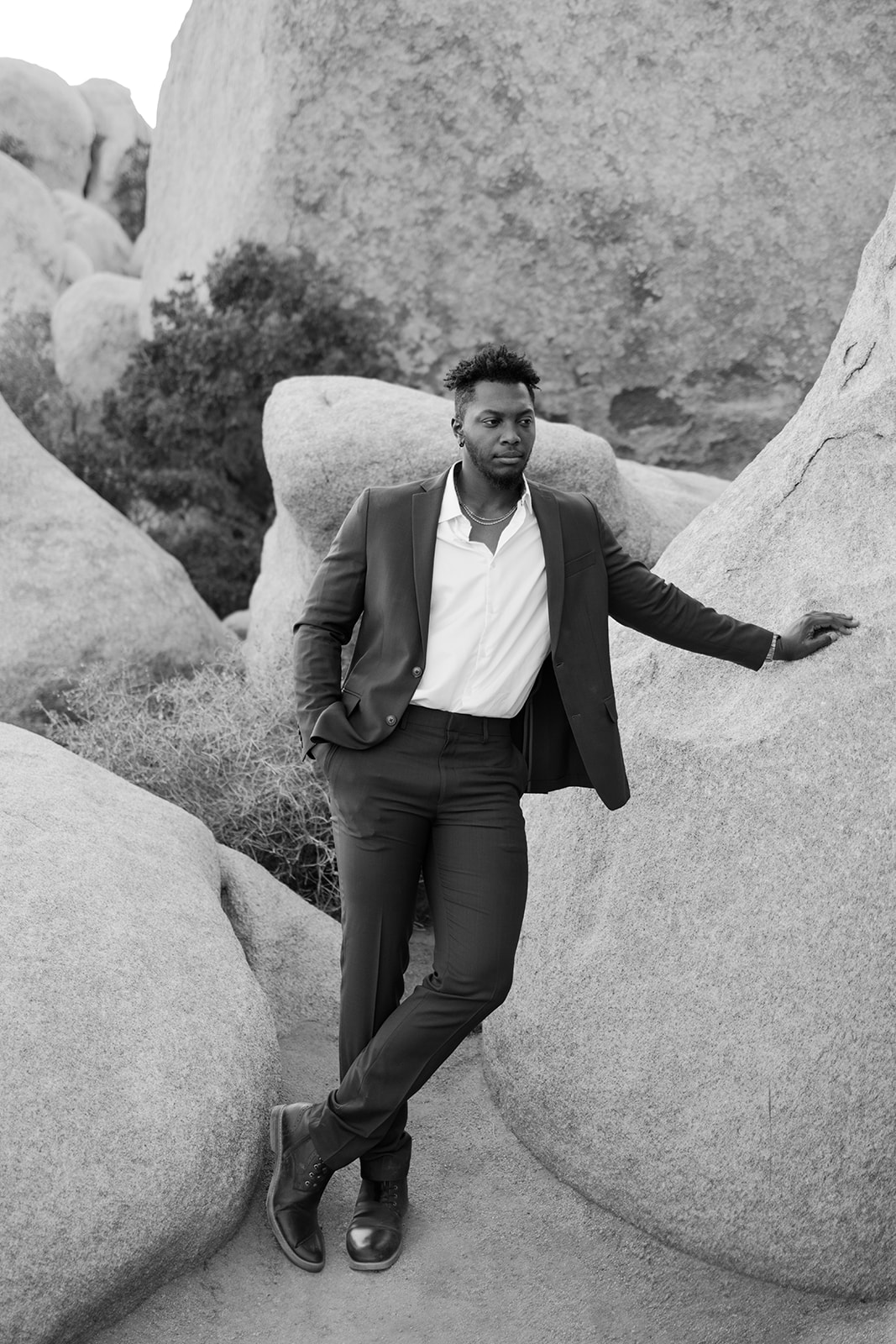 black and white groom portrait 