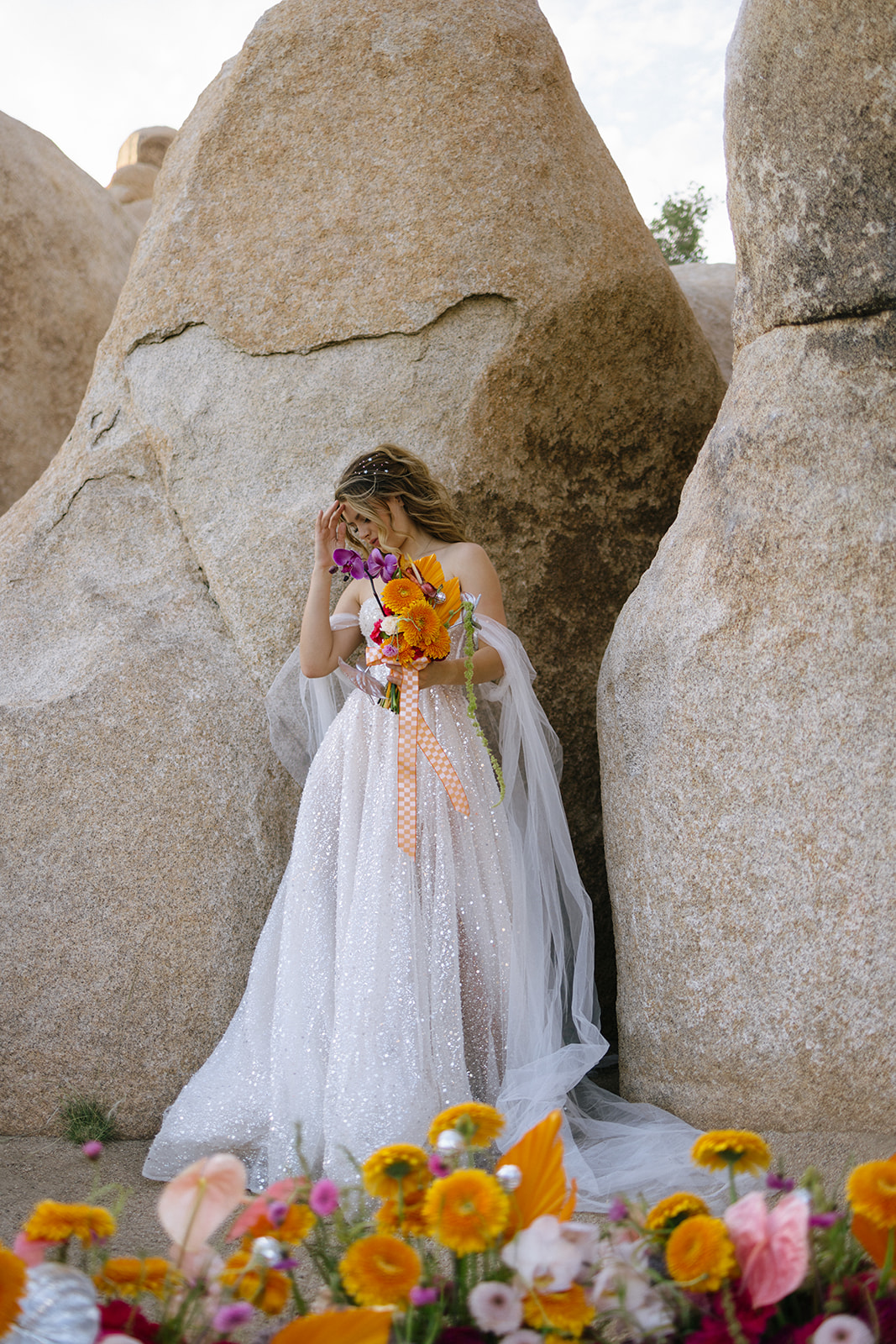 bridal portrait during a southern California elopement with bold pops of color in the florals