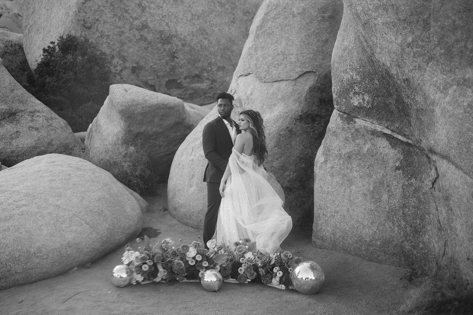 black and white portrait of the bride and groom during a styled southern California elopement shoot 