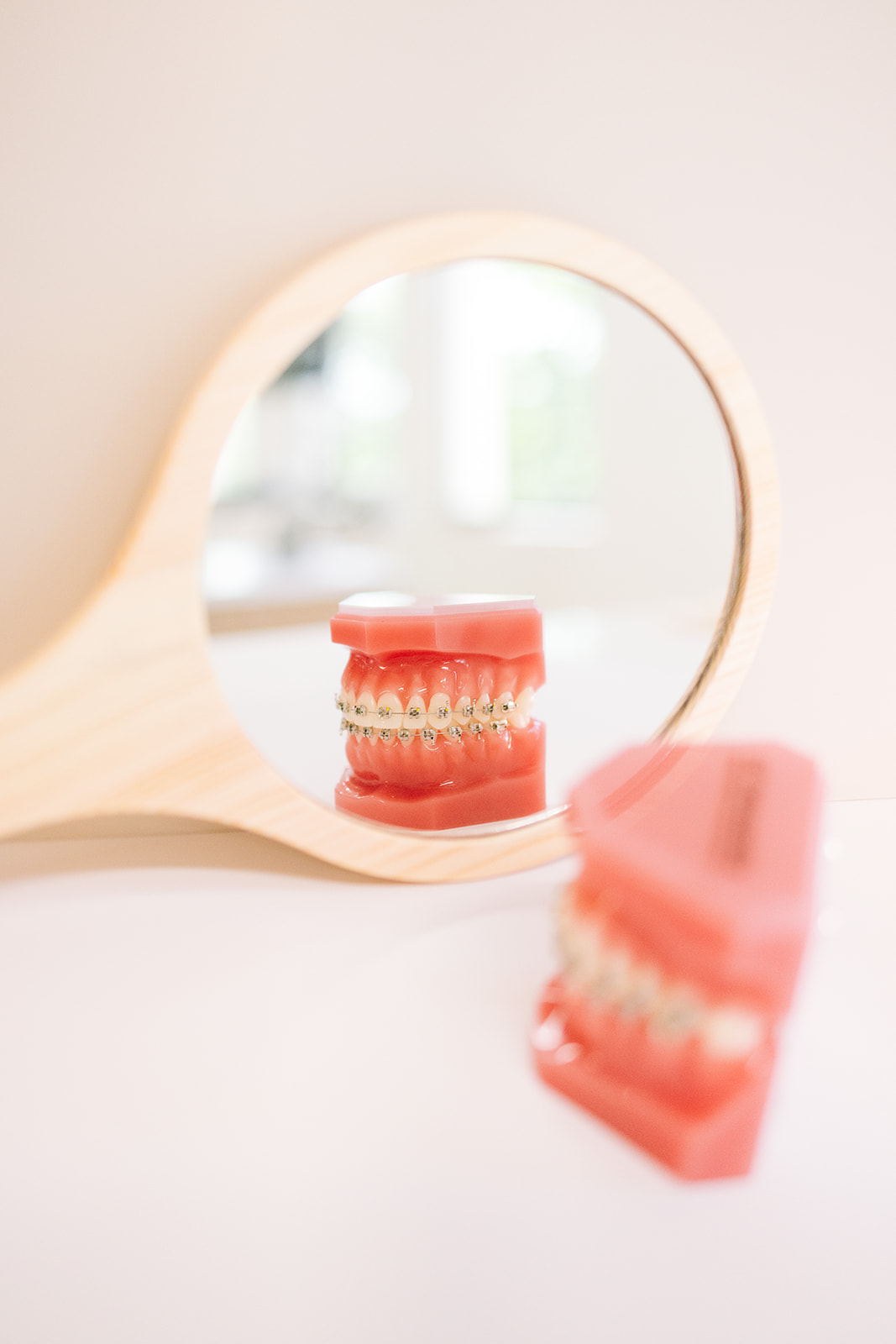 a model of teeth in a reflection of a hand mirror for branding photos 