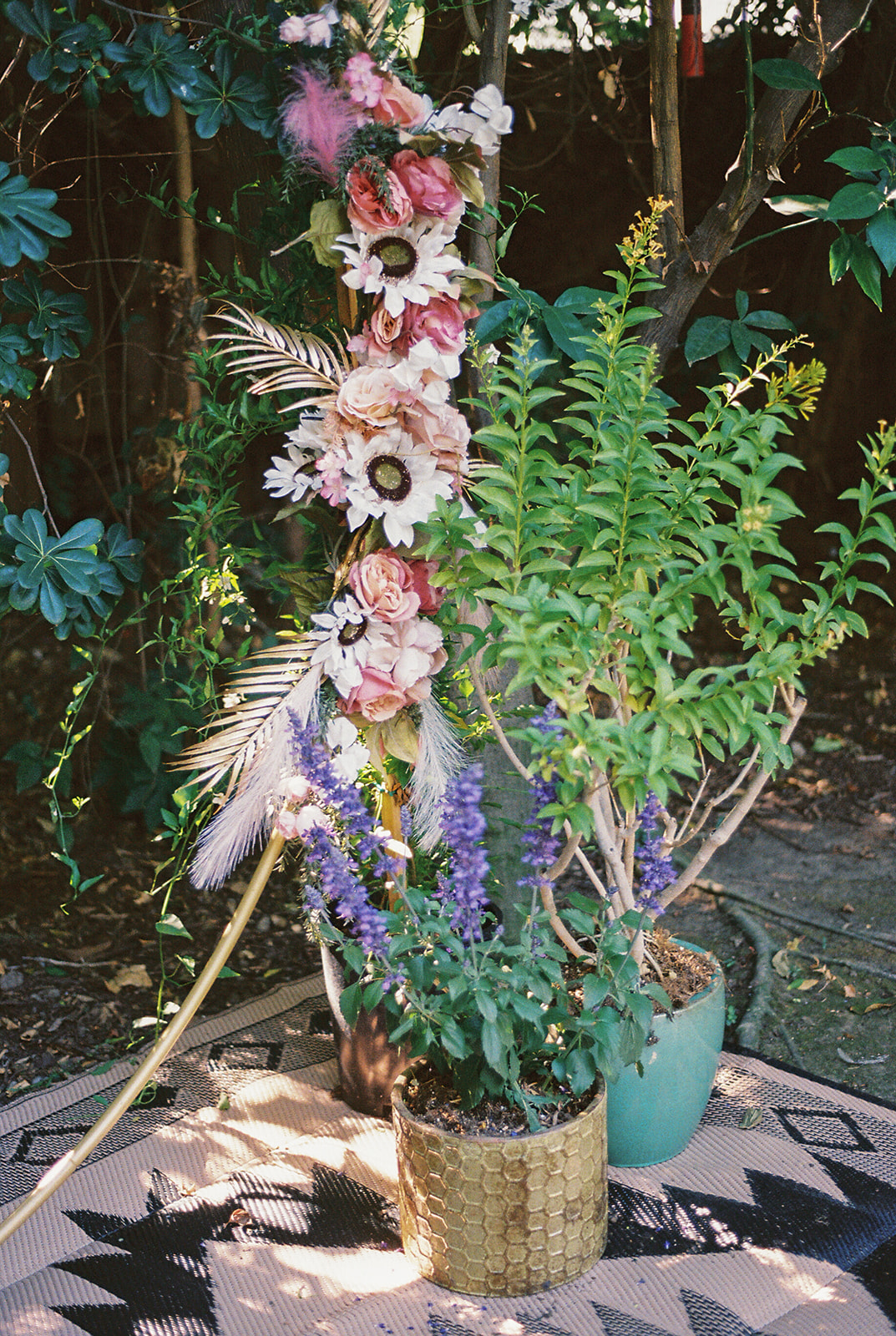 35mm film Small Intimate Wedding photo of the altar florals 
