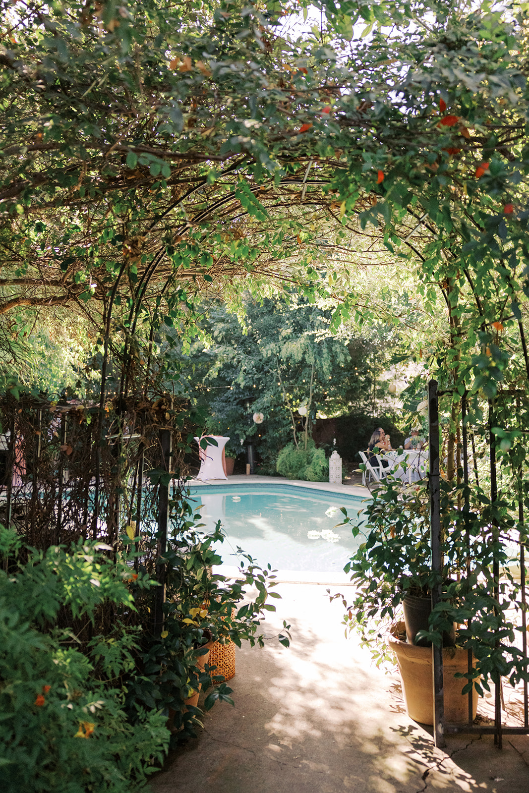 a garden arch leading to the pool and backyard space 